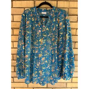 Joan Rivers Blue Floral Pintuck V-Neck Long Sleeve Blouse Size Large